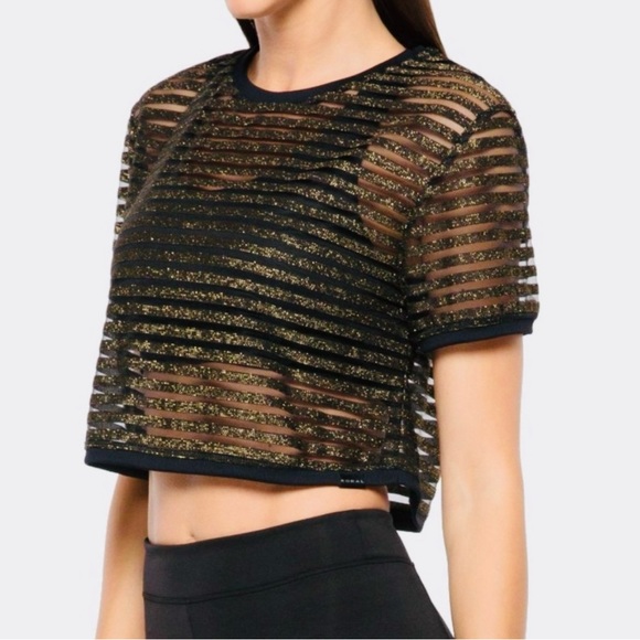 💘 KORAL - BLACK & GOLD STRIPE TERRAIN DISCONNECT SHEER MESH CROP TOP - Picture 2 of 8